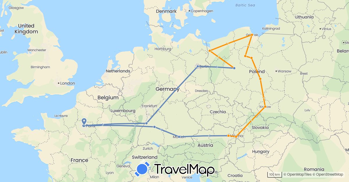 TravelMap itinerary: driving, cycling, hitchhiking in Austria, Germany, France, Poland, Slovakia (Europe)